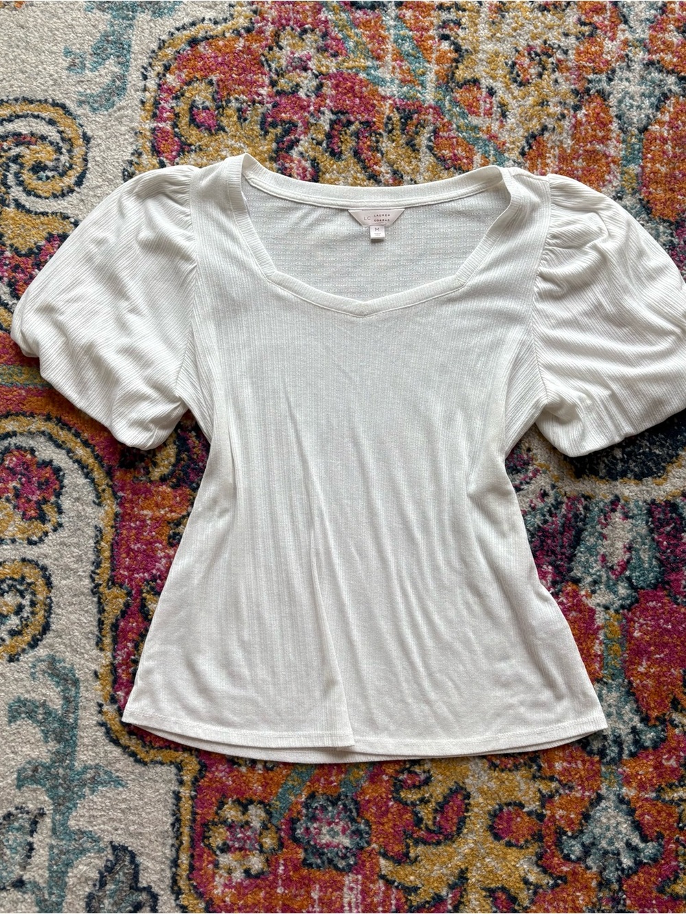 White Puff Sleeve Ribbed Top - Lauren Conrad
